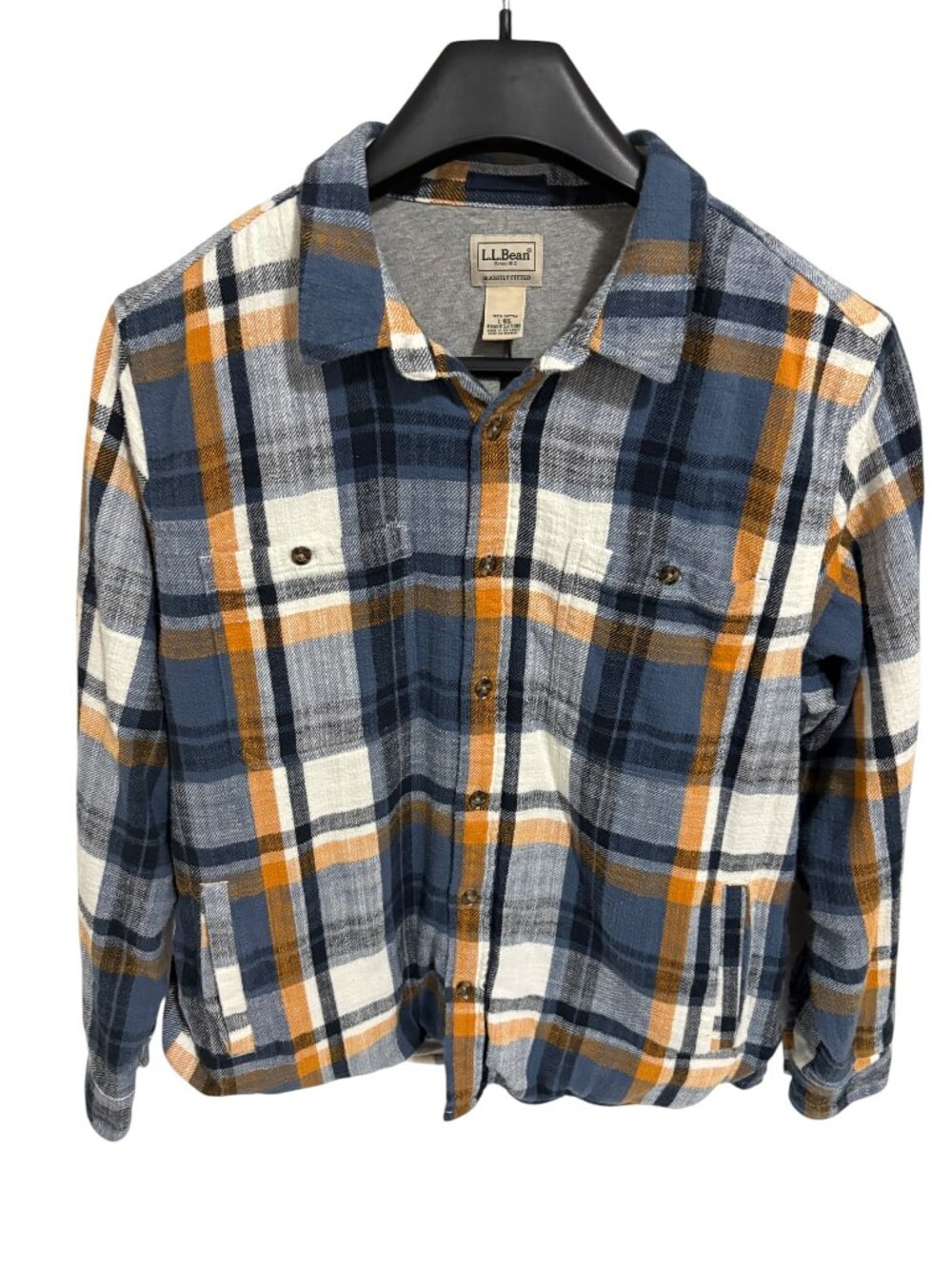 LL Bean Mens Large Linen Shirt Shacket Blue Gray Plaid Slightly Fitted